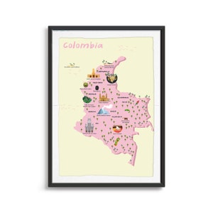 Impression d'art de carte illustrée de la Colombie, affiche de carte de pays, carte de voyage, impression de carte envie de voyager, point de repère, carte touristique, choses à faire