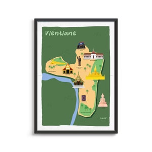 Vientiane, Laos Illustrierte Karte Kunstdruck, Landkarte Poster, Reisekarte, Kartendruck Fernweh, Wahrzeichen, Souvenir, Souvenir