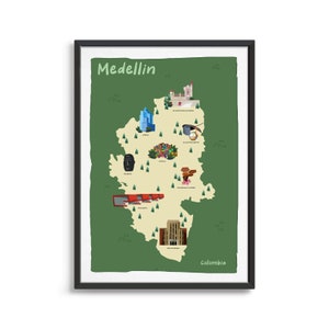Medellin Kolumbien, illustrierter Karten-Kunstdruck, Länderkarten-Poster, Reisekarte, Kartendruck, Fernweh, Wahrzeichen, Touristenkarte, Dinge zu tun