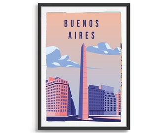 May include: A retro-style illustration of the Buenos Aires skyline featuring a tall obelisk and buildings in pink, blue, and purple hues against a pink and purple sky.