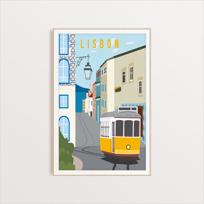 May include: A yellow and white tram travels down a street in Lisbon, Portugal. The tram is surrounded by colorful buildings with tiled facades. The text "LISBON" is displayed in yellow letters at the top of the image.