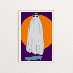 May include: A white ghost wearing a black baseball cap and sunglasses is standing on a blue skateboard with green wheels against a purple and orange background.