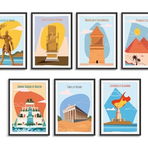The Seven Wonders of the Ancient World Poster Art, 7 Wonders Wall Poster, Ancient 7 Wonders Illustration Set Digital Download