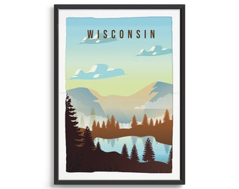 Wisconsin State Poster, State Art, State Wall Art, World Print, State Poster, State Print, State Art, Travel Illustration