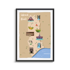 Impression d'art de carte illustrée d'Ubud Bali Indonésie, affiche de carte de pays, carte de voyage, impression de carte, impression de carte, point de repère, carte touristique, choses à faire