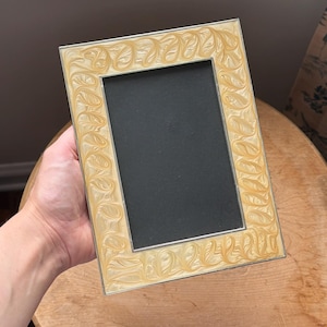 May include: A rectangular picture frame featuring a cream-colored border with a raised, swirling leaf-like pattern. The frame has a thin metallic silver inner edge and a solid black rectangular insert in the center, providing a high-contrast display area.