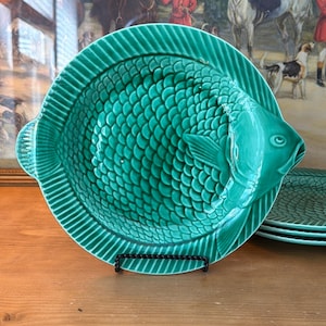 Set aus 4 Vintage-Tellern aus französischer Sarreguemines-Majolika in Grün mit Fischmotiv