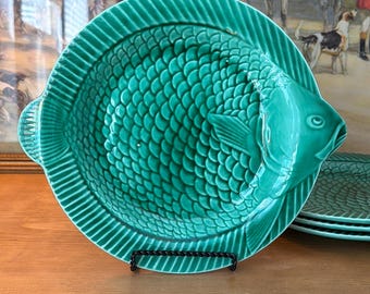 Set aus 4 Vintage-Tellern aus französischer Sarreguemines-Majolika in Grün mit Fischmotiv