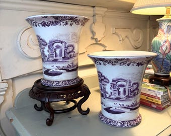 Vintage paar paarse transferware chinoiserie vazen
