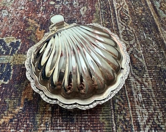 Vintage Leonard verzilverde schelpvormige kaviaarschaal met glazen inzetstuk
