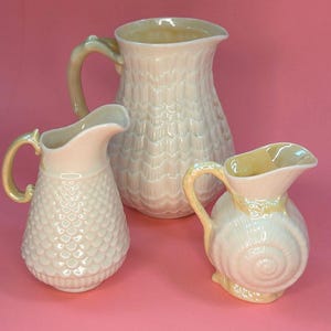 Set of 3 Belleek Seashell Pitchers, Graduated Sizes 3.5” 4.5” 5.5”, Irish Porcelain