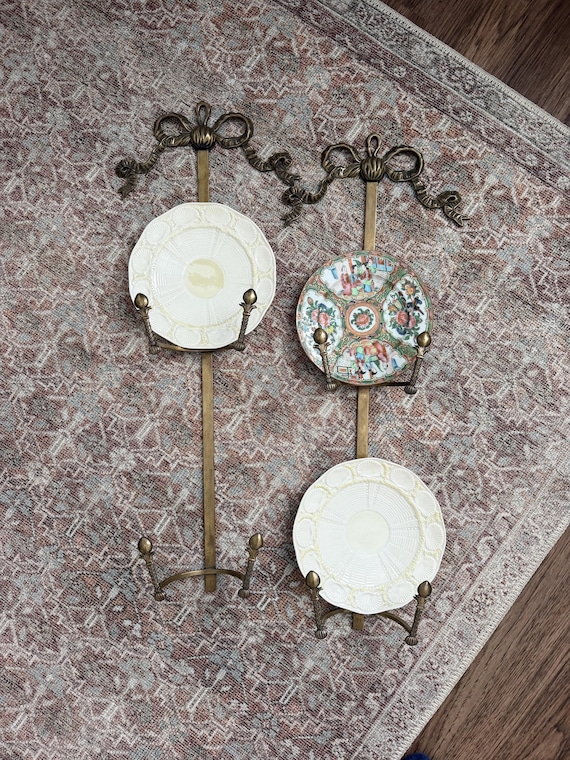 Set of 2 Vintage Brass Plate Hangers, French Bow Wall Display Racks