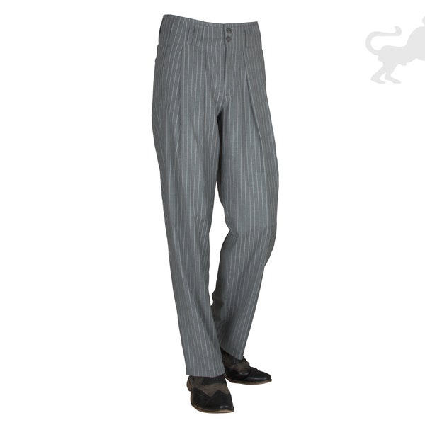 Gray and White Striped Pleated Trousers for Men