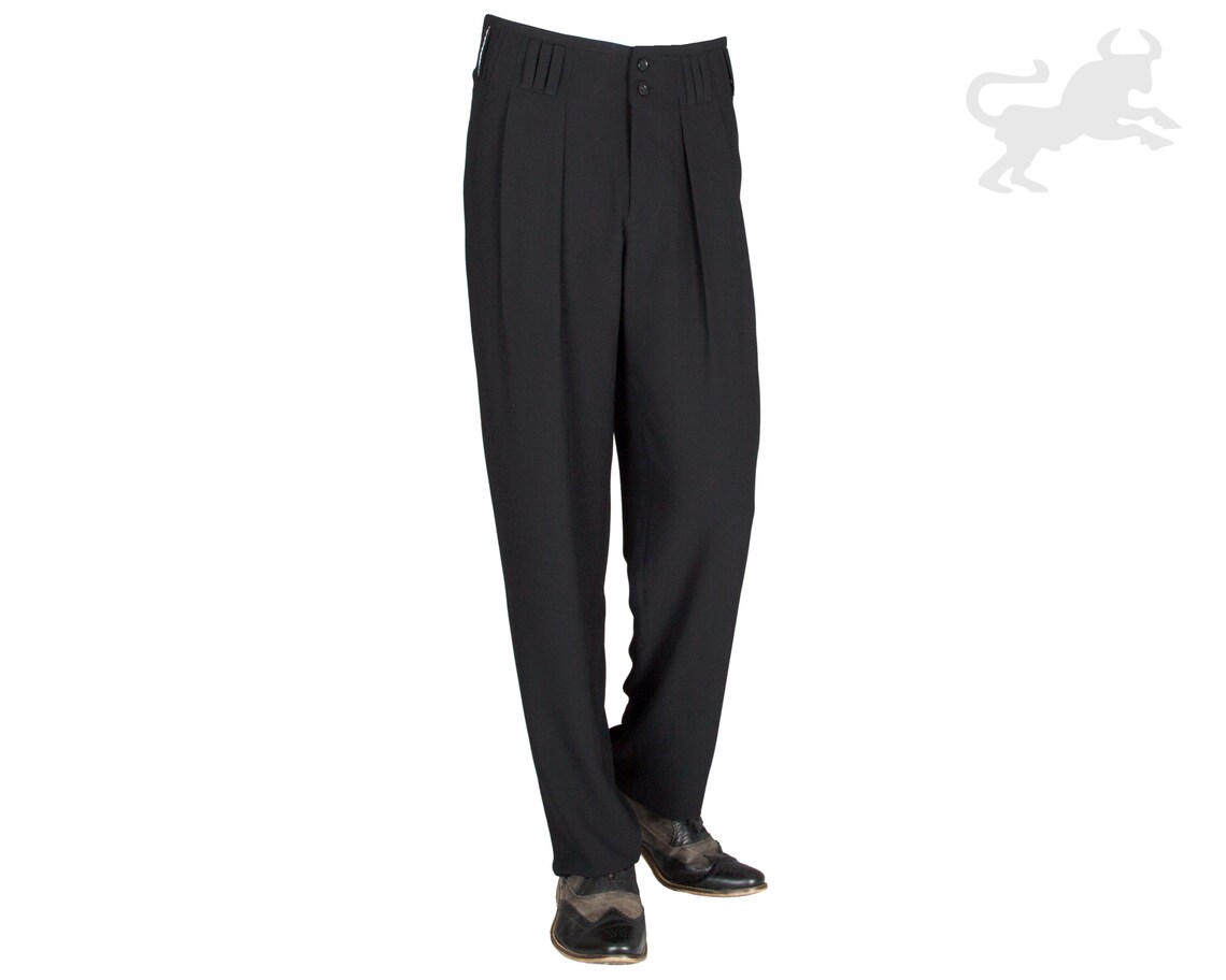Two-pleat slacks for men, size W34 polyester black type Vintage Second Hand