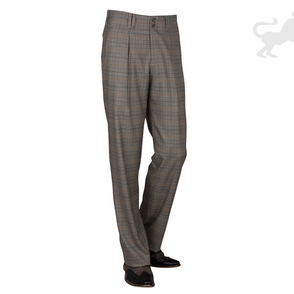 Pantalón de hombre de cuadros con pinzas en color marrón-beige modelo Swing