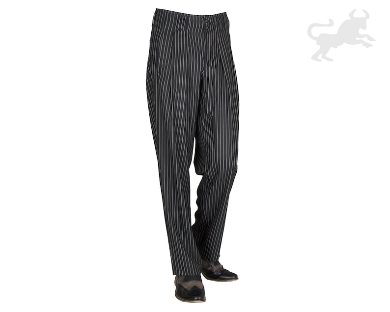 1950s Men’s Pants, Trousers, Shorts | Rockabilly Jeans, Greaser Styles     Black and White striped Mens Pleated Trousers Model Boogie  AT vintagedancer.com