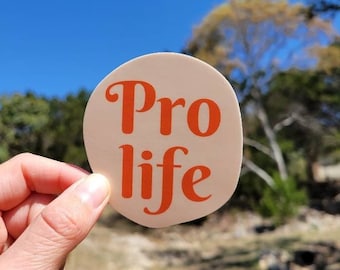 May include: A white round sticker with the words "Pro life" in orange lettering.