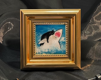 Cat Bites Shark, Mini Hand Painted Oil Painting on Canvas, Cute Cat Art,Small Framed Cat Artwork,Unique Gift for Pet Lovers,Original Artwork