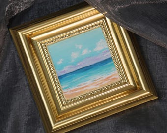 Mini Blue Beach Artwork, Framed Original Oil Painting, Small Original Oil Art, Hand Painted Canvas Art, Home Art Decor,Chrismats Gift
