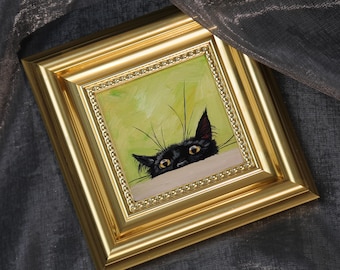 Chat coucou, mini peinture à l'huile sur toile peinte à la main, art de chat mignon, petite oeuvre d'art encadrée de chat, cadeau unique pour les amoureux des animaux de compagnie, oeuvre d'art originale