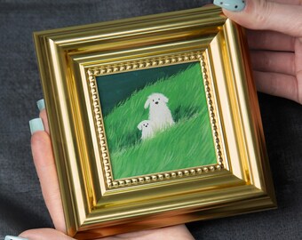 Original Mini Oil Painting, Hand Painted Dog Art, Framed Small Pet Oil Painting, Unique Gift for Pet Lovers, 3x3 Vintage Gold Frame Decor