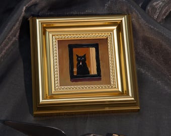 Black Cat with Lipstick, Mini Hand Painted Oil Painting on Canvas,Cute Cat Art,Small Framed Cat Artwork,Unique Gift for Pet Lovers