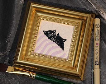 Sleeping Cats, Mini Hand Painted Oil Painting on Canvas, Cute Cat Art, Small Framed Cat Artwork, Unique Gift for Pet Lovers,Original Artwork