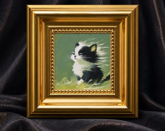 Windy Kitty,Mini Hand Painted Oil Painting on Canvas, Cute Cat Art, Small Framed Cat Artwork, Unique Gift for Pet Lovers,Original Artwork