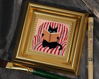 Reading Cat, Mini Hand Painted Oil Painting on Canvas, Cute Cat Art, Small Framed Cat Artwork, Unique Gift for Pet Lovers, Original Artwork