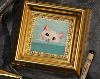 Little Peek Cat, Mini Hand Painted Oil Painting on Canvas,Cute Cat Art,Small Framed Cat Artwork,Unique Gift for Pet Lovers,Original Artwork