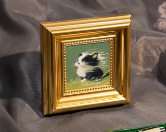 Windy Kitty,Mini Hand Painted Oil Painting on Canvas, Cute Cat Art, Small Framed Cat Artwork, Unique Gift for Pet Lovers,Original Artwork