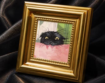Tiny Fangs Cat,Mini Hand Painted Oil Painting on Canvas, Cute Cat Art, Small Framed Cat Artwork, Unique Gift for Pet Lovers,Original Artwork