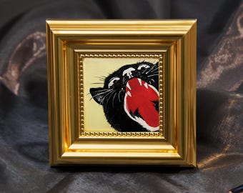 Wild Yawn, Mini Hand Painted Oil Painting on Canvas, Cute Cat Art, Small Framed Cat Artwork, Unique Gift for Pet Lovers, Original Artwork