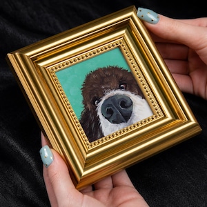 Puede incluir: Una pequeña pintura cuadrada de la cara de un perro marrón y blanco con una nariz negra prominente, sobre un fondo verde azulado sólido. La obra está enmarcada en un marco dorado metálico grueso y ornamentado con un borde de cuentas.