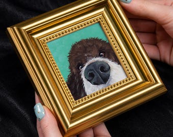 Original Mini Dog Oil Painting, Hand Painted Puppy Portrait, Framed Small Oil Painting, Cute Dog Art, Tiny Gold Frame Decor,3x3 Pet Portrait