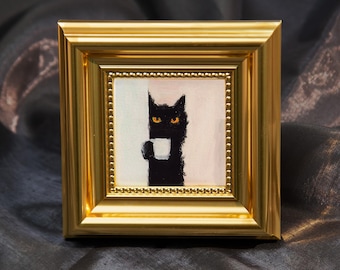 Original Mini Black Cat Oil Painting, Hand Painted Cat with Coffee Art, Framed Small Painting, Funny Cat Decor, Cat Lover Gift