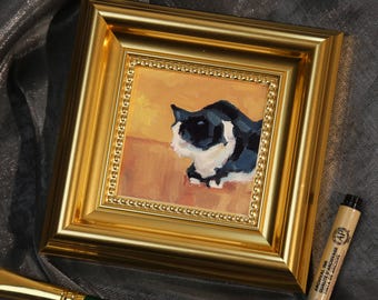 Resting Cat, Original Mini Cat Oil Painting, Hand Painted Tuxedo Cat Art, Framed Small Oil Painting, Cute Cat Art, 3x3 Tiny Gold Frame Decor
