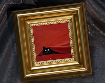 Hidden Cat, Mini Hand Painted Oil Painting on Canvas, Cute Cat Art, Small Framed Cat Artwork, Unique Gift for Pet Lovers, Original Artwork