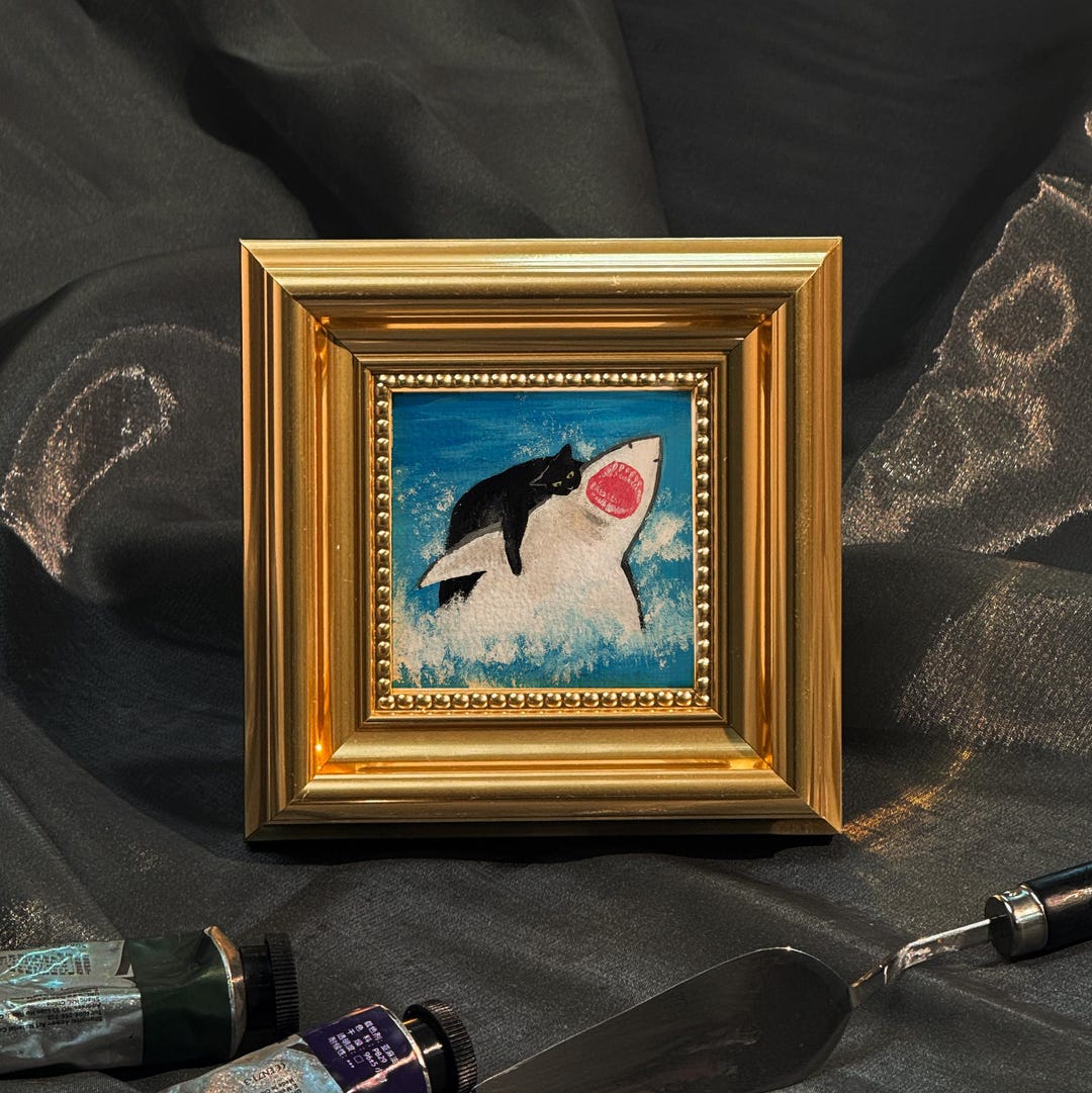 Cat Bites Shark, Mini Hand Painted Oil Painting on Canvas, Cute Cat Art,Small Framed Cat A