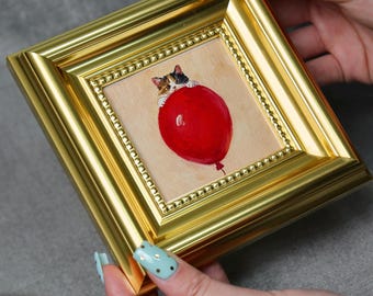 Floating Cat, Mini Hand Painted Oil Painting on Canvas,Cute Cat Art,Small Framed Cat Artwork,Unique Gift for Pet Lovers,Original Artwork