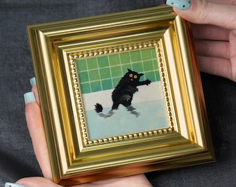 Bath Panic Cat, Mini Hand Painted Oil Painting on Canvas, Cute Cat Art,Small Framed Cat Artwork, Unique Gift for Cat Lovers,Original Artwork