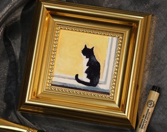 Window Watcher,Original Mini Black Cat Oil Painting, Hand Painted Cat with Coffee Art, Framed Small Painting, Funny Cat Decor,Cat Lover Gift