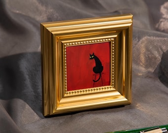 Black Cat on Red, Mini Hand Painted Oil Painting on Canvas,Cute Cat Art,Small Framed Cat Artwork,Unique Gift for Pet Lovers,Original Artwork