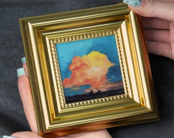 Mini Golden Clouds Artwork, Framed Original Oil Painting, Small Original Oil Art, Hand Painted Canvas Art, Home Art Decor,Chrismats Gift