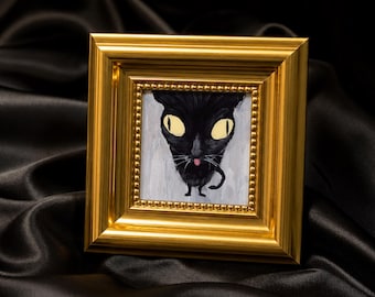 Wide Eyed Kitty, Mini Hand Painted Oil Painting on Canvas,Cute Cat Art,Small Framed Cat Artwork, Unique Gift for Cat Lovers,Original Artwork