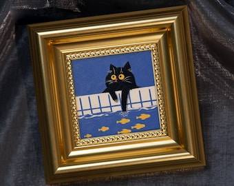 Fishing Cat, Mini Hand Painted Oil Painting on Canvas,Cute Cat Art,Small Framed Cat Artwork, Unique Gift for Cat Lovers,Original Artwork