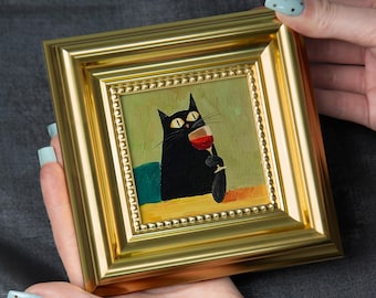 Red Wine Cat, Mini Hand Painted Oil Painting on Canvas, Cute Cat Art, Small Framed Cat Artwork, Unique Gift for Pet Lovers, Original Artwork