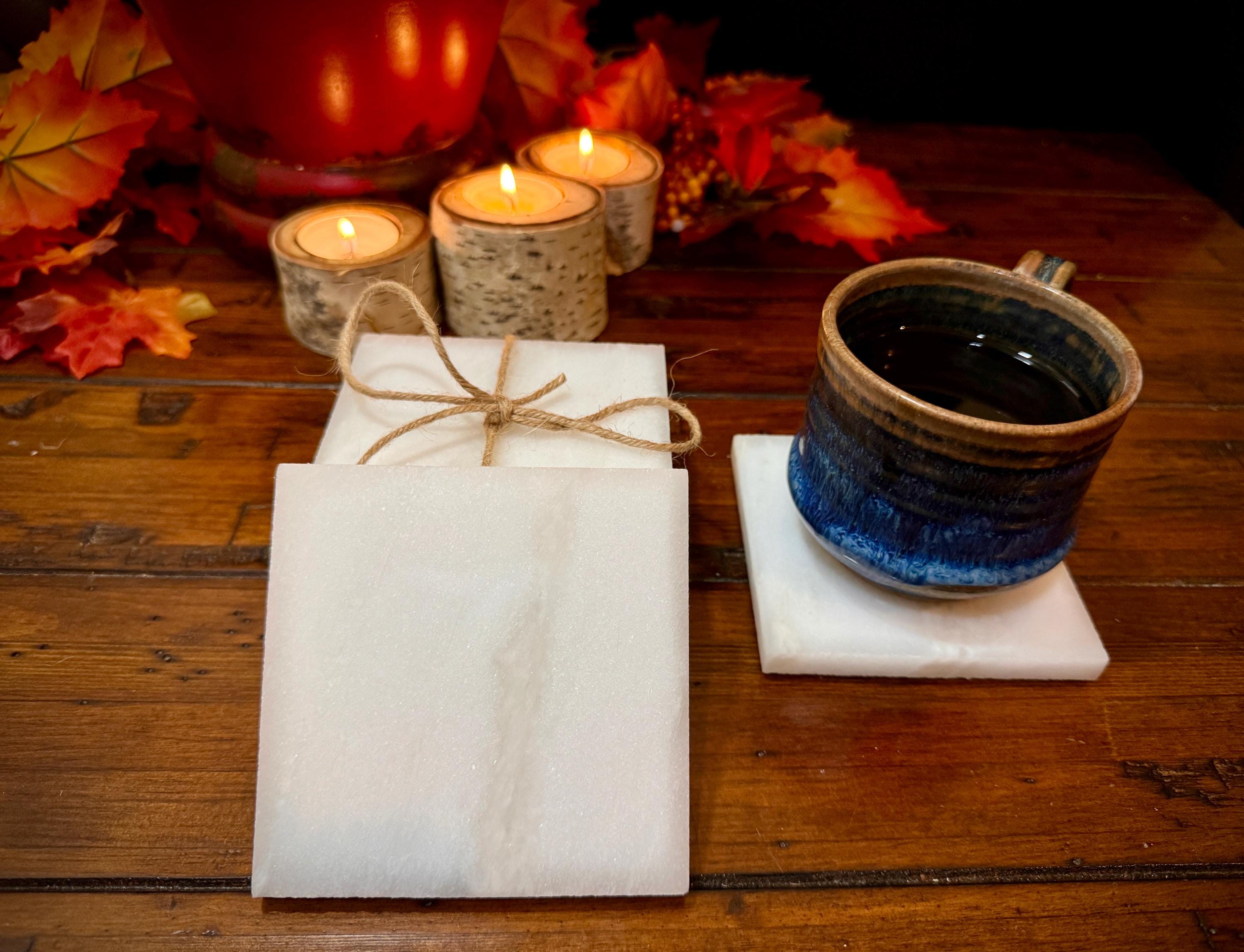 Marble Coasters: Coaster Set, drink coasters, stone coasters, white coasters.