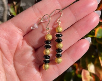 Black Onyx Earrings, Gold Black Onyx Earrings, Black Onyx Dangle Earrings, Gold Earrings, Black & Gold Earrings, Dangle Earrings