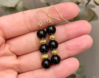 Black Onyx Earrings, Gold Black Onyx Earrings, Black Onyx Dangle Earrings, Gold Earrings, Black & Gold Earrings, Dangle Earrings